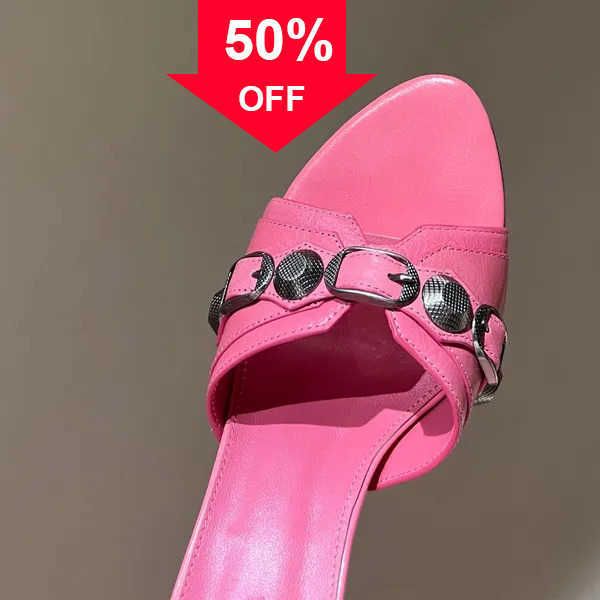 

cagole cowskin leather mules sandals stud buckle embellished shoes rounded slip on open toes stiletto heel women's luxury designers sho, Black