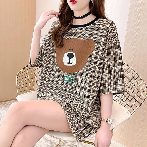

t-shirt loose midlength plaid flocking bear shortsleeved tshirt women's trendy streetwear fashion kawaii t shirt women, White