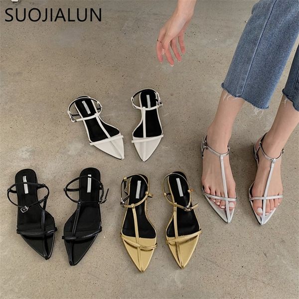 

sandals suojialun brand women sandal fashion narrow band flat heel ladies gladiator shoes pointed toe ankle buckle zapatos muje 230427, Black