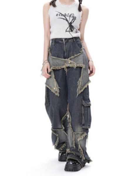 

women's jeans american style retro high street jean's spring summer loose wide leg pants trendy punk casual star tassel trousers 2, Blue