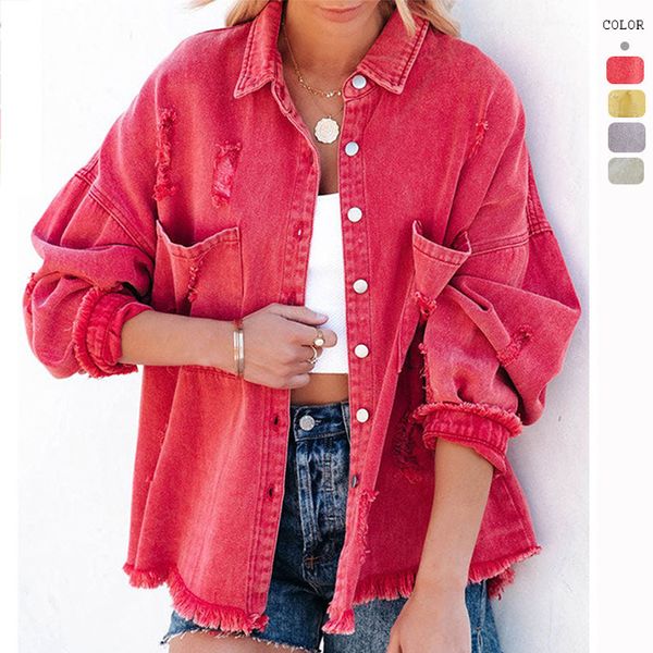 

women's jackets autumn/winter denim jacket street fashion long sleeve fur trim broken hole denim jacket female 230428, Black;brown