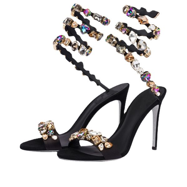 

new mixed colors crystal ankle wrap strap sandals 2023 summer womens banquet stilettos high heels big size 43 44 45 46, Black