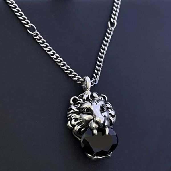 

s925 silver gujia black crystal old solid lion head necklace for men and women couples fashion ins same style