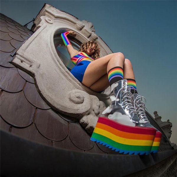 

dress shoes colorful flat platform shoes women height increasing round toe shoes rainbow thick bottom platform wedge heel causal shoes women, Black