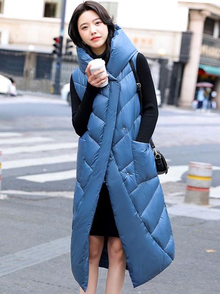 

leather women winter jacket cotton padded thicken hooded female long vest warm sleeveless coat waistcoat fashion, Black
