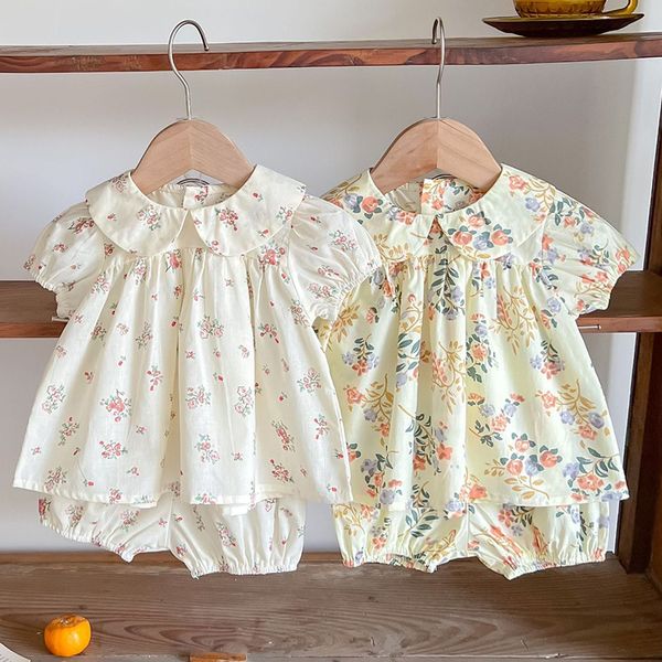 

rompers infant baby girls clothing set short sleeved cotton print shirtshorts summer children clothes toddler girl suit 230427, Blue