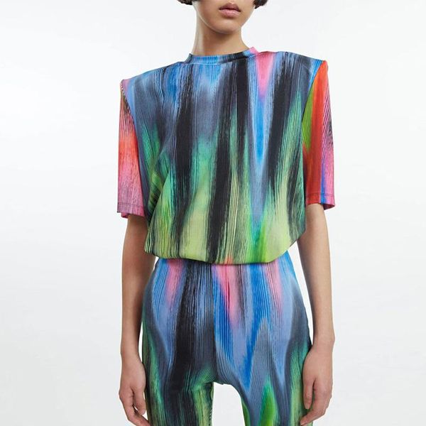 

t-shirt women colorblock t shirt rainbow gradient stretch casual, White