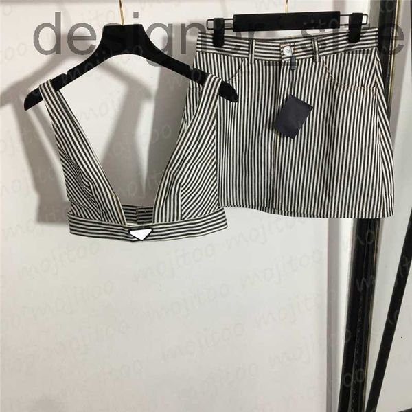 

two piece dress designerletter badge sling t shirts denim dress sets for women stripe suspender underwear high waist short skirt suits ft5x, White