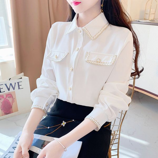 

women's blouses shirts white chiffon blouse women spring korean small fragrance lapel all-match solid color white shirt female autumn
