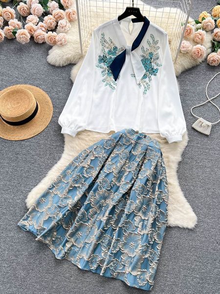 

two piece dress elegant embroidery flower two piece set for women floral sequined bow collar blouse shirt blue jacquard midi skirt suits 230, White