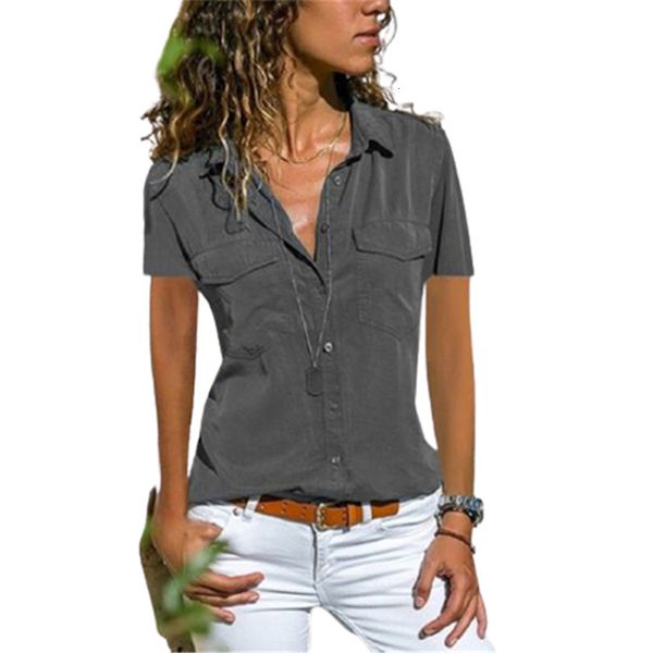 

women's blouses shirts fashion pocket lapel short sleeve women shirt summer slim buttons plus size office lady blouses black pink femin, White
