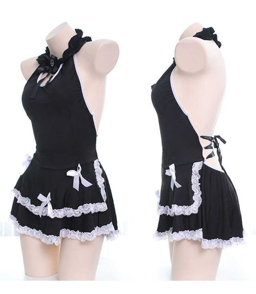 

nxy set japanese sweet lolita cute lace bow sleepwear halter backless maid dress gothic female up pajamas night skirt lingerie 230426, Red;black