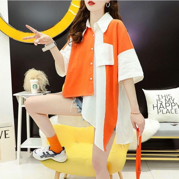 

polos 2021 summer shirts new loose large size solid color stitching fake two short sleeve blouse, White