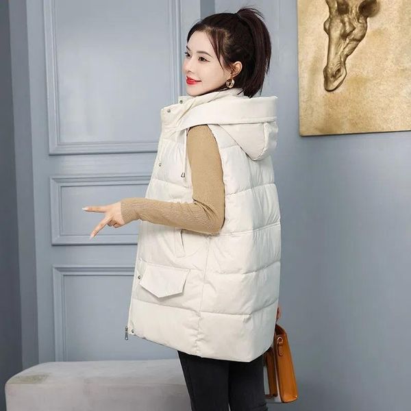 

leather 2022 new women's vest jacket down cotton vest autumn winter jacket hooded parkas coat casual sleeveless loose female waistcoat, Black