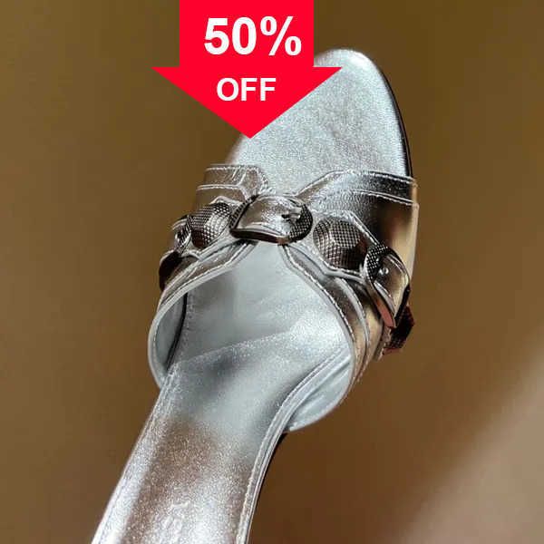 

cagole cowskin leather slippers sandals studded buckle embellished shoes slip on open rounded toes stiletto heel luxury designers shoes1, Black