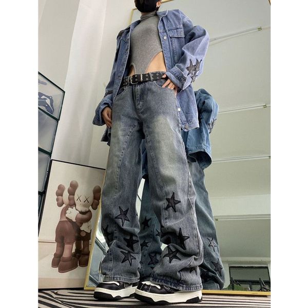 

women's jeans embroidered star straight leg blue for women y2k retro street wash loose high waist korean casual wide trousers 230427