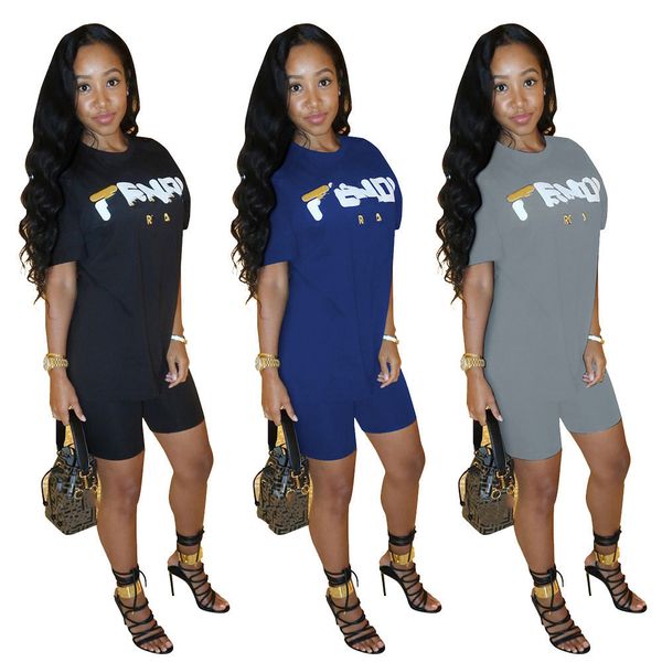 

2023 brand women letter tracksuits summer 2 piece set short sleeve t-shirt shorts fashion sports suit crew neck outfits pullover jogging sui, Gray