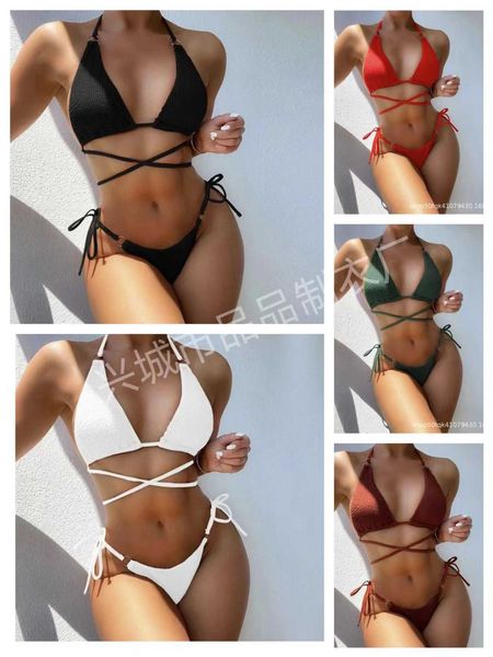 

bikini beach solid three point lace up split swimsuit women's super small bikini swimsuit