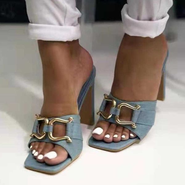 

sandals new blue denim slippers women outdoor mules high heels fashion metal buckle designer sandals square toe ladies shoes size 3541 j2304, Black