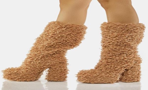 

2022 new women lady real leather chunky high heels shoes knee boot long booties round toes catwalk lamb wool platform winter size 5860380, Black