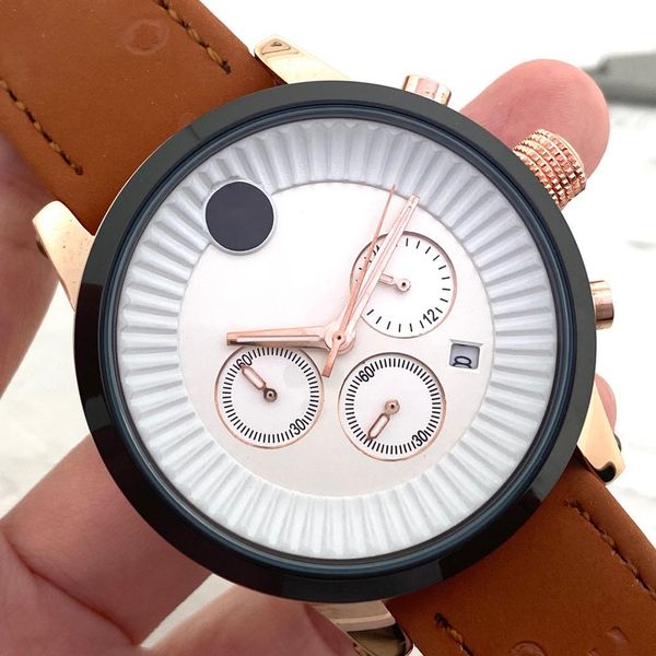 

men's new luxury quartz watches casual six needles 44mm retro multifunction calendar luminous belt brand watches, Slivery;brown