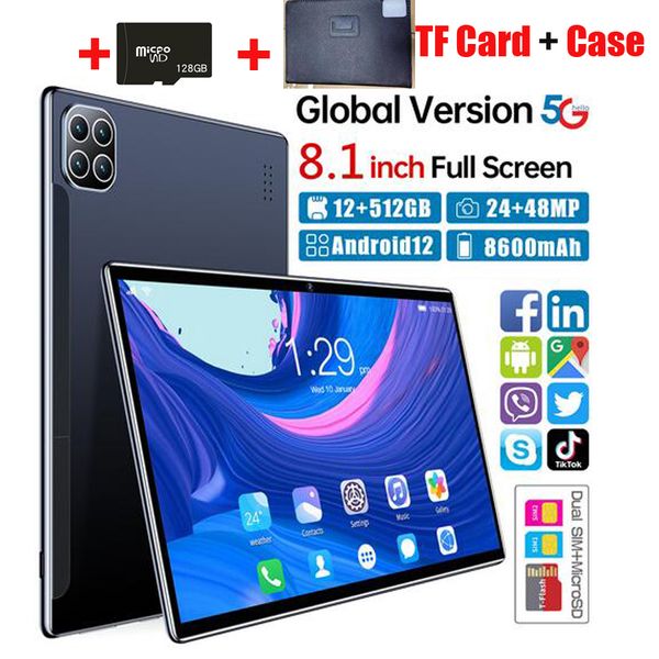 

Inch 8.1 10 Core 12GB+256GB Android 12 Wifi Tablet PC 8600mah Battery SIM Dual Camera Bluetooth 4G 5G Smart Call Phone Tablets Gifts Support TF SD Card for s