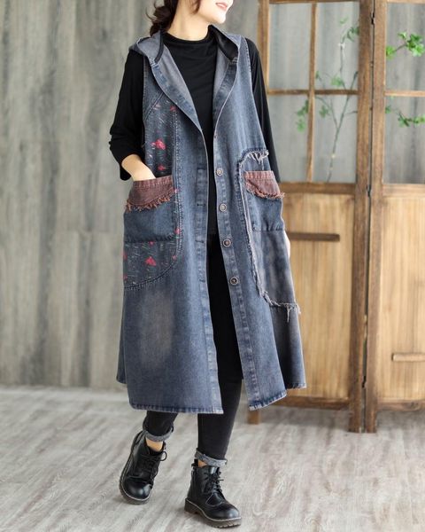 

leather 2023new women denim vests spring retro patchwork print pockets vintage bleached hoded sading loose female tide long, Black