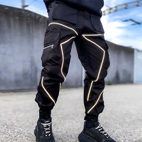 

pants men reflective zipper cargo pants multipockets hip hop trousers outdoor jogger sportswear loose streetwear, Black