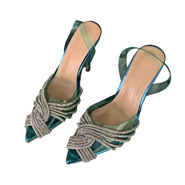 

summer 2023 new new women pointed toe rhinestones sandals female pvc thin high wedding shoes ladies pu buckle straps pumps, Black