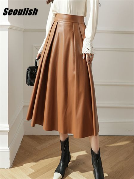 

skirts seoulish autumn winter pu faux leather women's umbrella skirts solid high waist pleated a-line skirts ladies female 230428, Black