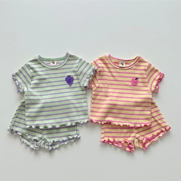 

rompers toddler girls cute wooden ear trim set kids striped grapes pullover tshirt soft cotton shorts comfortable summer suit clothes 230427, Blue