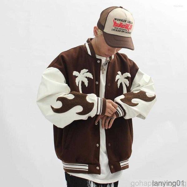 

men's jackets fashion bomber jacket brown baseball mens hip hop embroid winter varsity palm tree streetwear, Black;brown