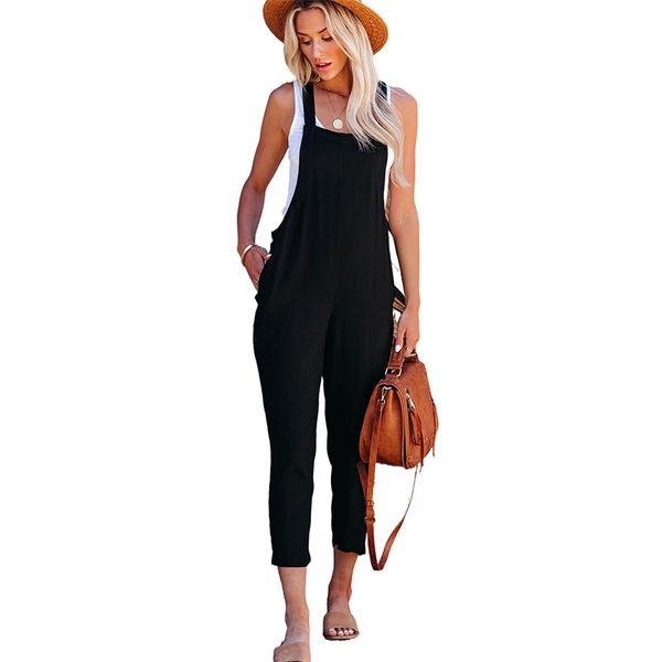 

women's jumpsuits & rompers high waiste jumpsuit casual solid color nine-point suspenders, Black;white