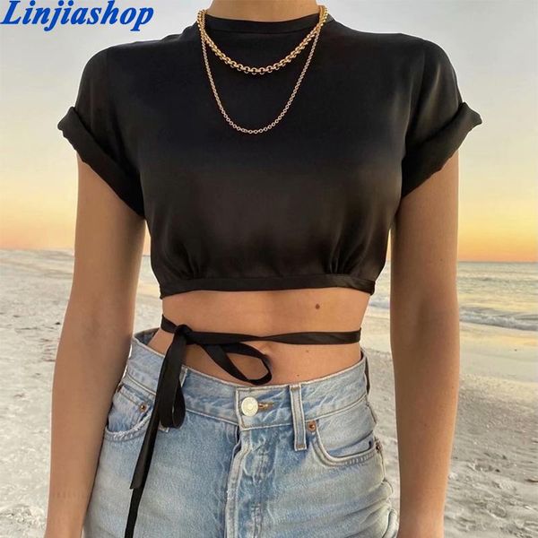 

tanks elegant satin summer camis women backless bandage crop white short 2021 blusas de mujer, Black;white