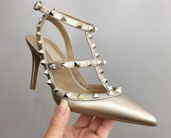 

gold rivets sandals high heel shoes women genuine leather nude thin heels 6cm 8cm 10cm summer new fashion pointed toe sandal paten1697072, Black