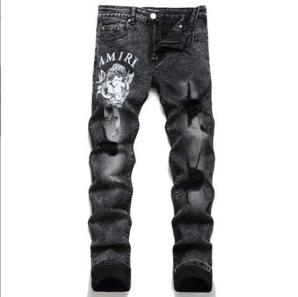 

brand 2023 men's embroidered jeans designer fashion holes pants cool stylish leisure five-pointed ripped star ic05, Blue
