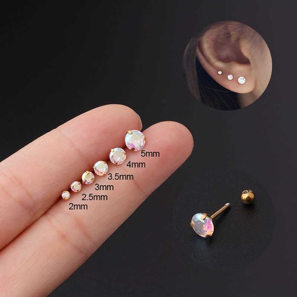 

2-5mm ab colored round cubic zircon earring studs gold plated thin rod stainless steel twisted ball earbone nail stud earrings korean versio, Golden;silver