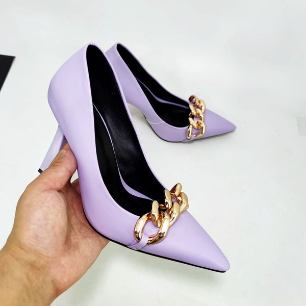 

ins pop women shoes microfiber leather high heel shoes pointed toe metal chains ladies footwear spring summer dress women pumps, Black
