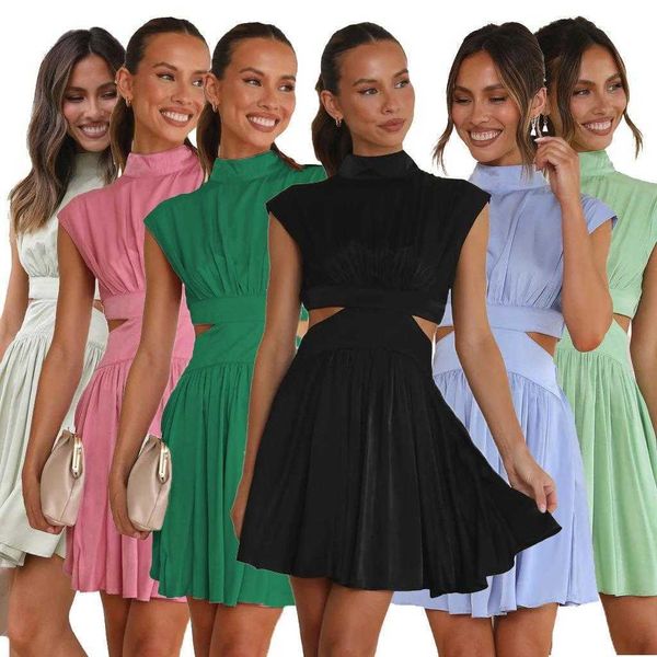 

23 years solid dress color sweet style summer tight waist stand collar midriff, Black;gray