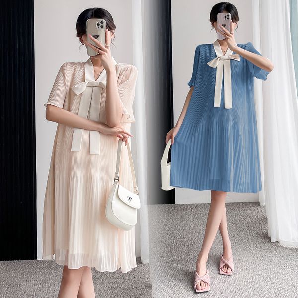 

maternity dresses pregnant woman summer clothes short sleeve bowknot collar maternity pleated dress office lady elegant chiffon dress wholes, White