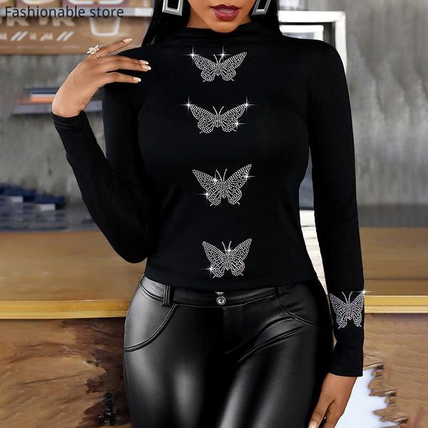 

t-shirt women winter round neck long sleeve fix rhinestone black top, White