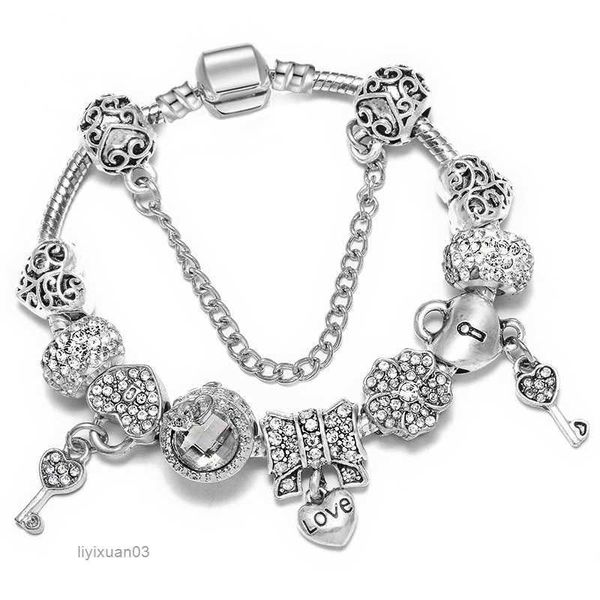 

charm bracelets fashion 925 sterling silver love bowknot heart locker key murano lampwork glass & european beads crystal dangle fits pandora, Golden;silver