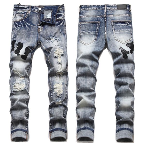 

men's jeans european jean hombre letter star am tiny spot men embroidery patchwork ripped trend brand motorcycle pant mens skinny am309, Blue