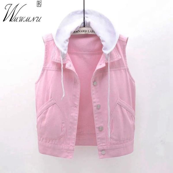 

leather casual patchwork hooded pink vest women plus size 5xl sweet sleeveless denim waistcoats singlebreasted short jean chaleco mujer, Black