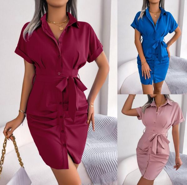 

women's casual dresses 2023 casual solid bat sleeves wrapped waist folded shirt dress women's dress, Black;gray