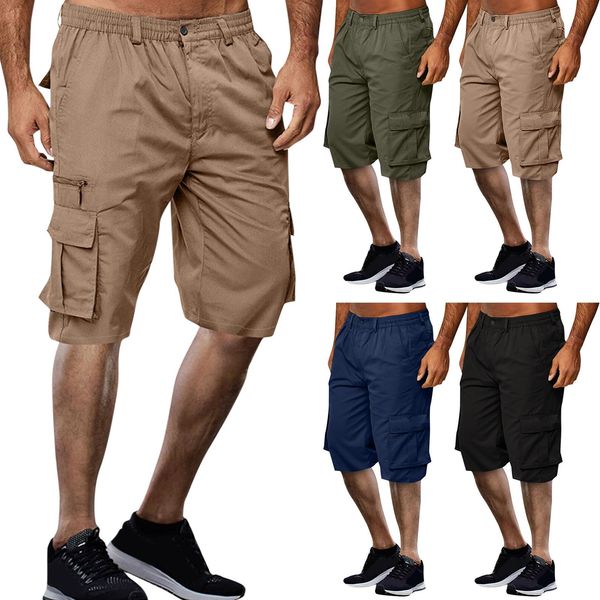 

pants male summer straight solid cargo pant elastic waist zipper fly pocket shorts cropped pants foam star, Black