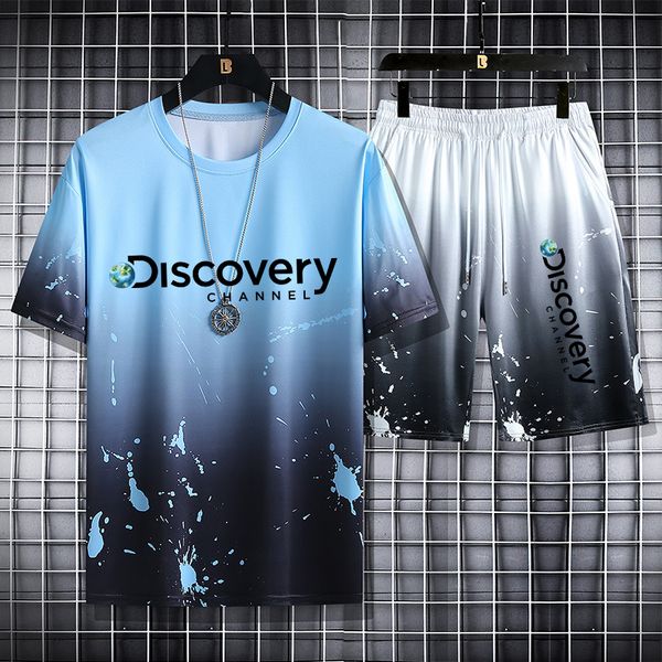 

men's tracksuits summer discovery two piece set thin casual t-shirt and shorts mens sports suit fashion short sleeve tracksuit 230428, Gray