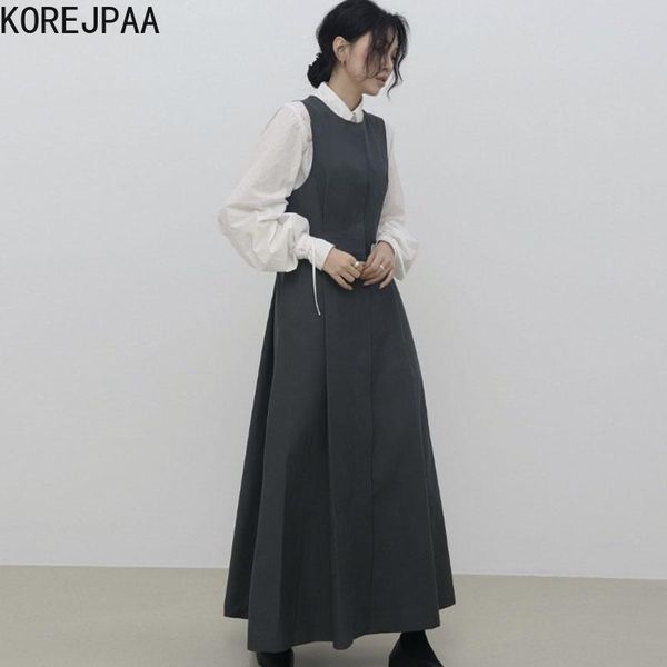 

dress korejpaa casual vrouwen chic herfst eenvoudige revers tie bladerdeeg mouw shirt + geplooide band jurk set vrouwelijke effen elegan, White