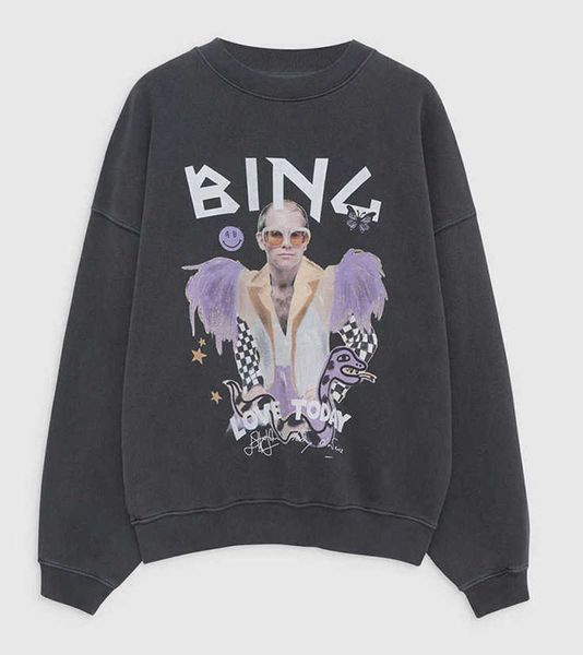 

anine b 2023 a bing harvey crew print wash sweatshirt stir-fried fried hoodies snow flower cotton women designer sweaters pullover sportshir, Black