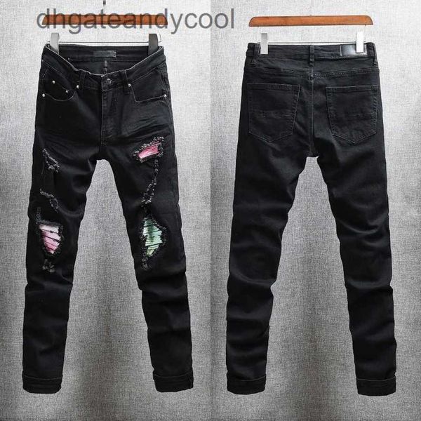 

high 2023 brand street denim creative jeans designer fashion pants black man patch 646 hole jeans men's elastic slim leggings dbb6, Blue